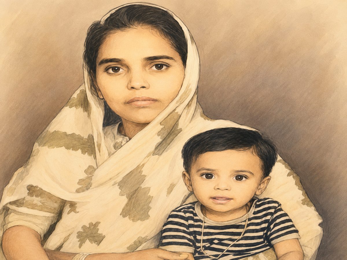Pencil portrait of Amit as a child with his late mum